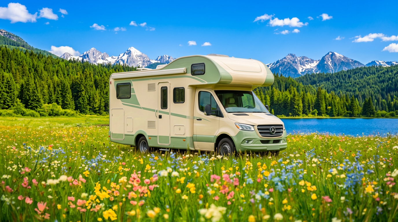 Cheerful RV parked in a wildflower meadow at golden hour